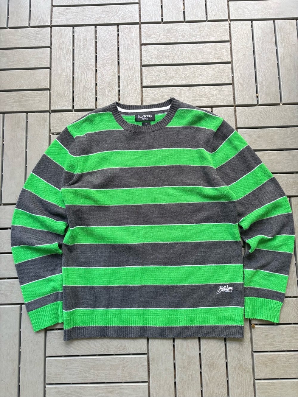 Billabong Men’s Bright Green & Gray Striped Crewneck Sweater